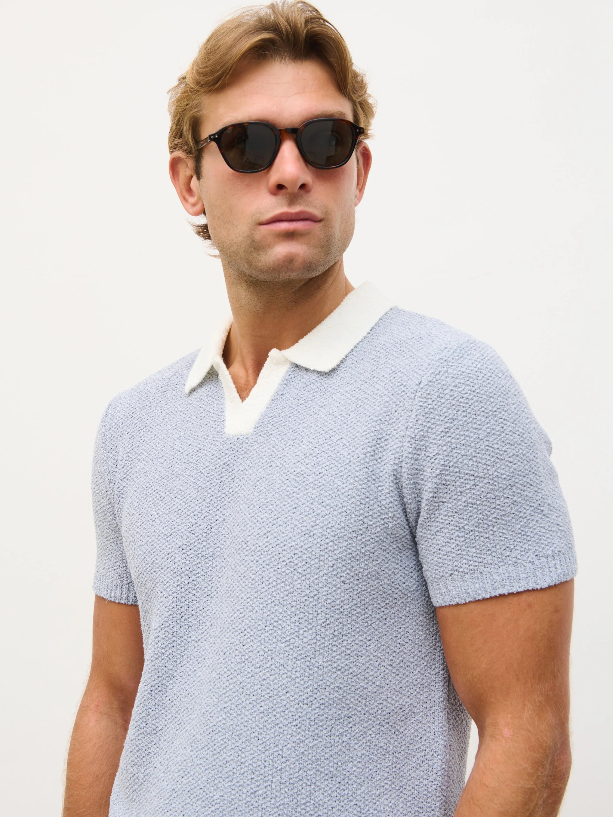 Hugo Oversized Open Collar Knit Polo - Blue and White - Image 2
