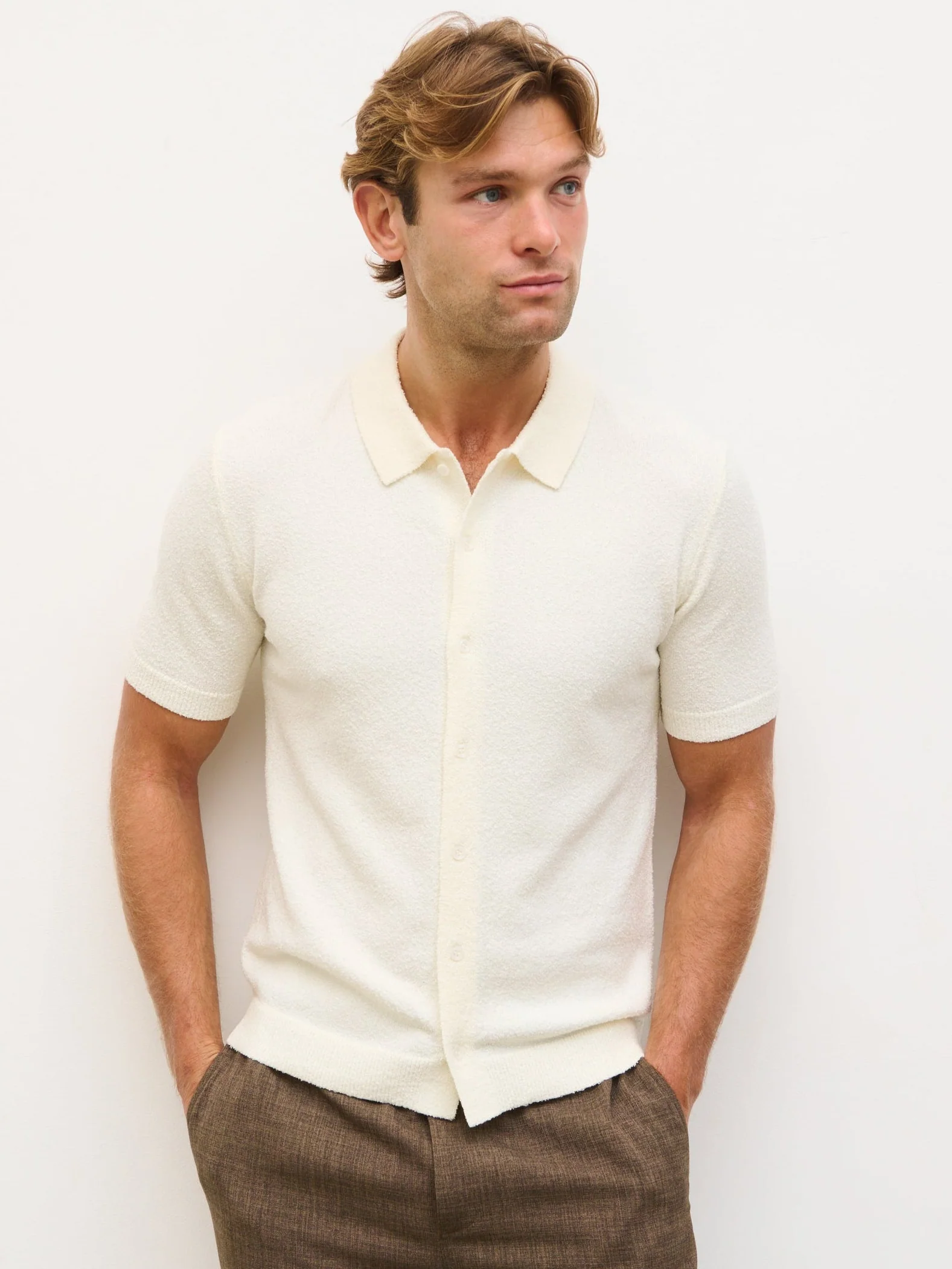 Warner Button Down Short Sleeve Knit Shirt - Cream - Image 3
